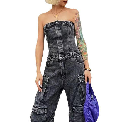 Strapless multi-pocket denim jumpsuit