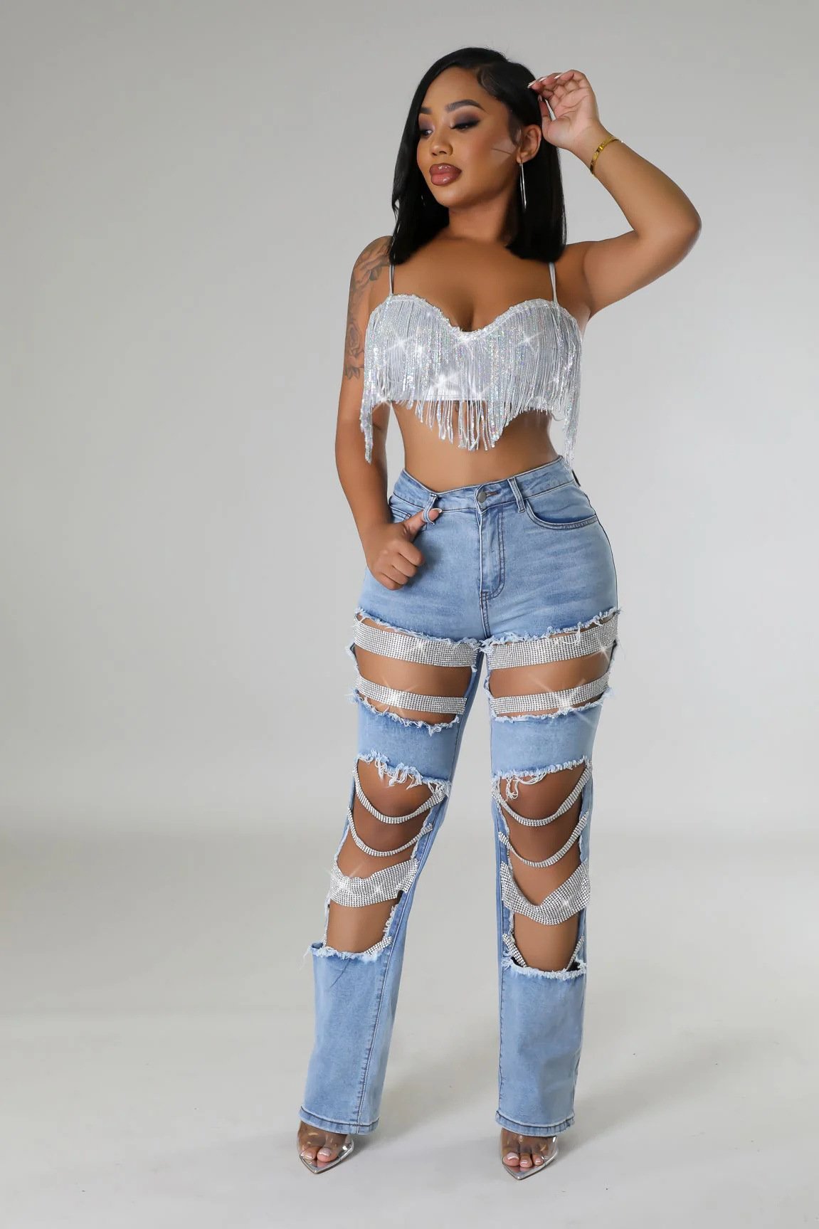 Ripped Heavy Beaded Stretch Jeans