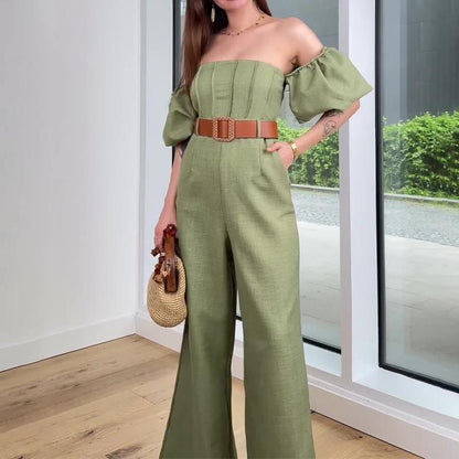 Off-the-shoulder puff sleeve high waist slim-fit jumpsuit