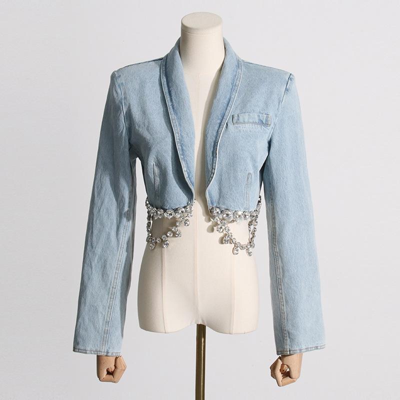 Diamond chain decorated denim jacket + hip skirt two-piece set