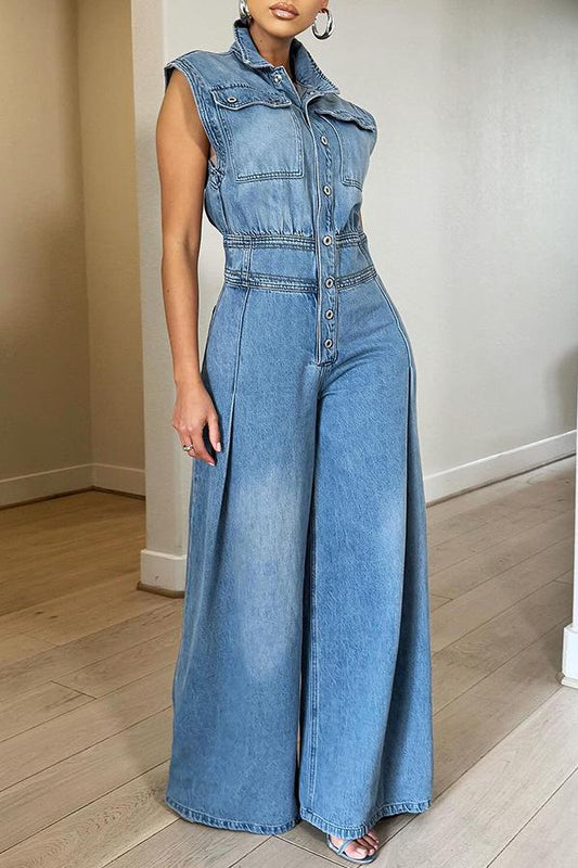 Chic Washed Denim Wide-Leg Jumpsuit【Free Shipping】