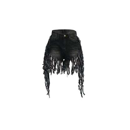 Rapped Fringed Denim Shorts