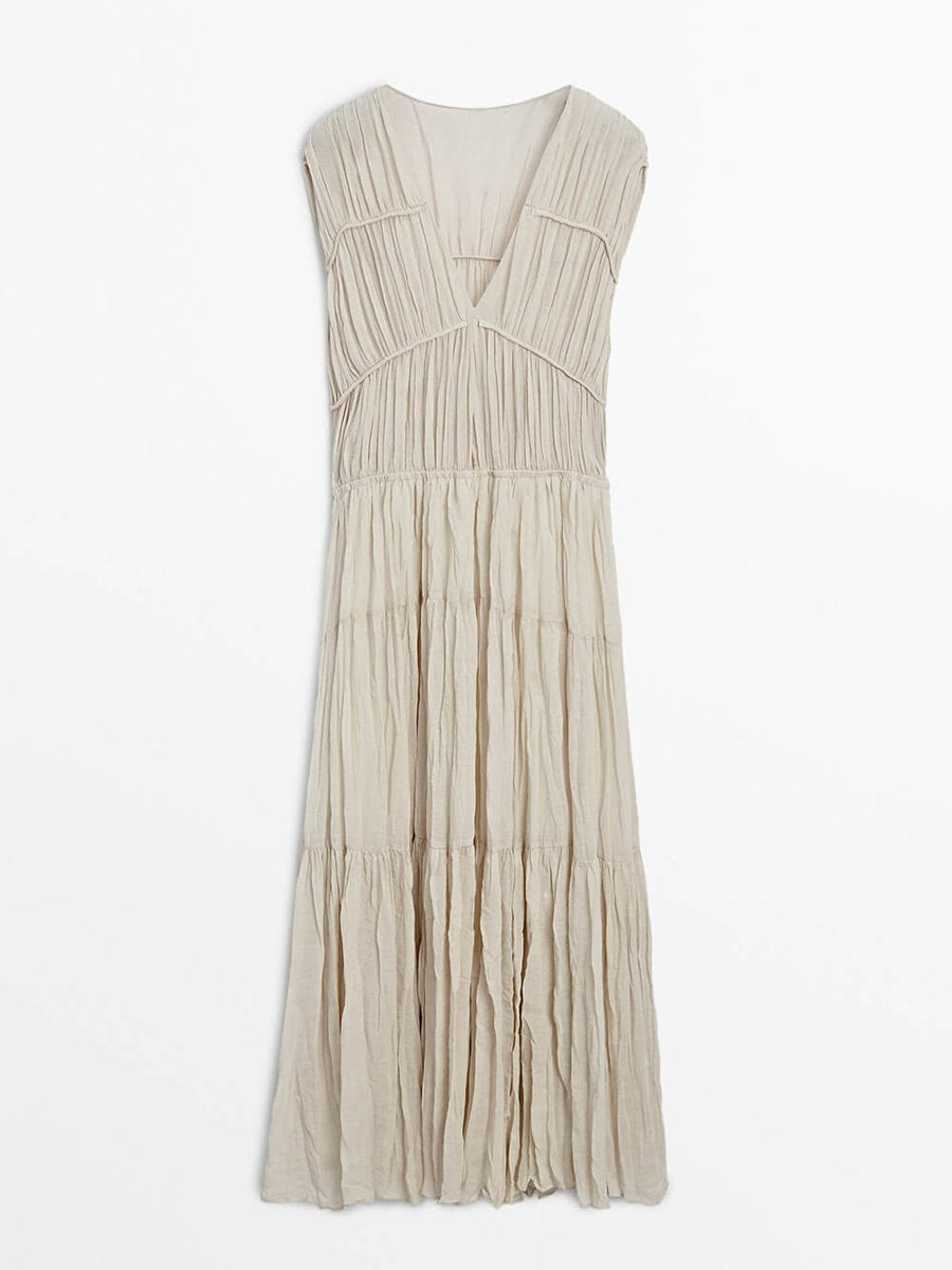 V Neck Sleeveless Pleated Maxi Dress