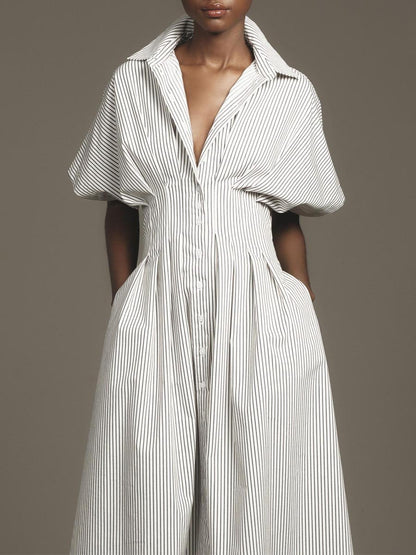 Button-Front Pleated Midi Shirt Dress