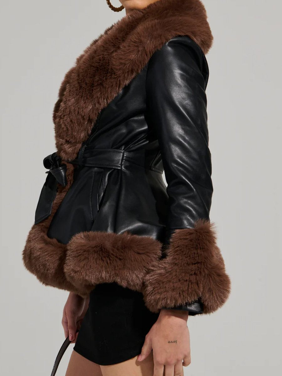 Faux Fur Trim Peplum Belted Coat