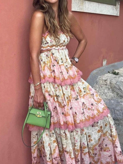 Lace Up Back Lace Trims Floral-print Midi Dress