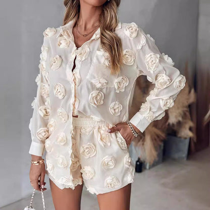 Women's solid color floral long-sleeved shirt and shorts two-piece set