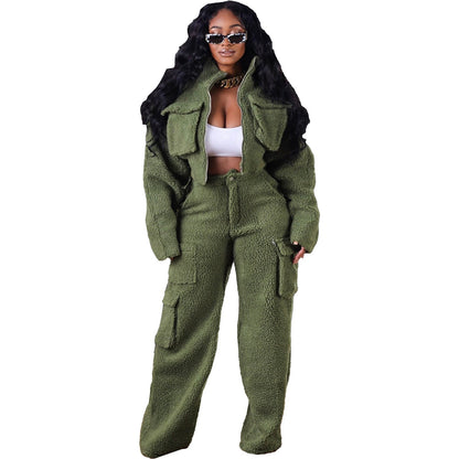 Autumn and winter wool polar fleece three-dimensional bag zipper suit