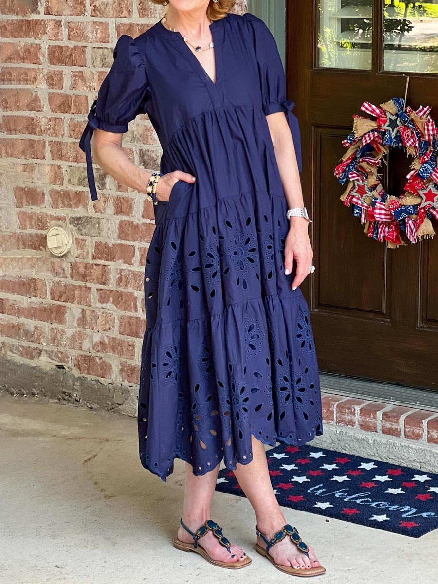 V Neck Puff Sleeve Eyelet Midi Dress