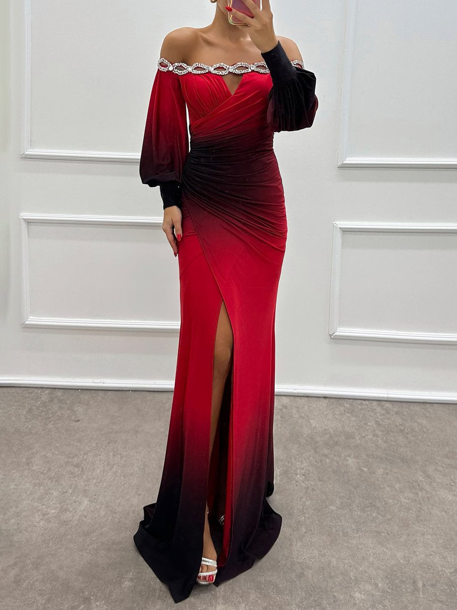 Off Shoulder Rhinestone Sparkle Long Sleeve Party Dress