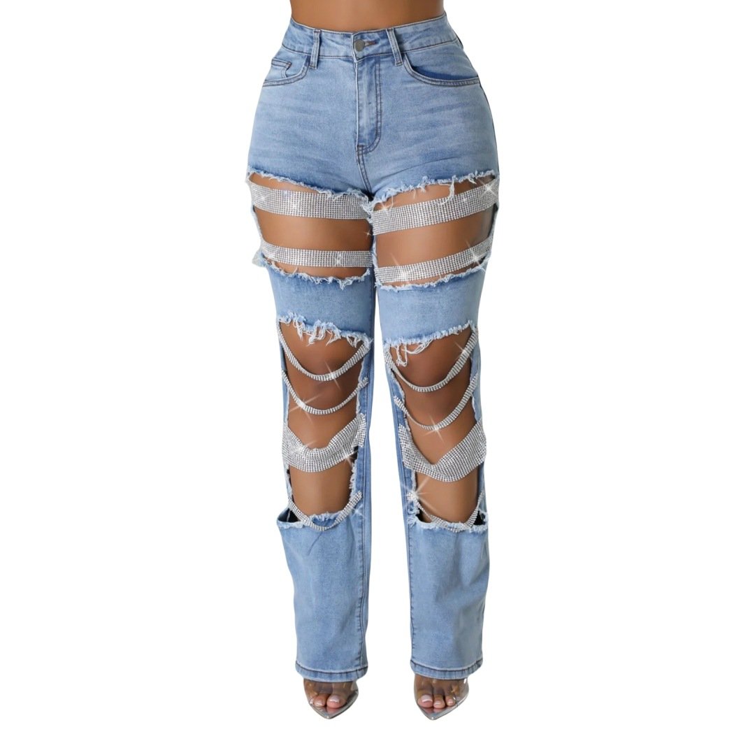 Ripped Heavy Beaded Stretch Jeans