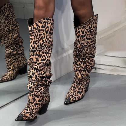 Fashion Pointed Leopard Chunky Heel Boots