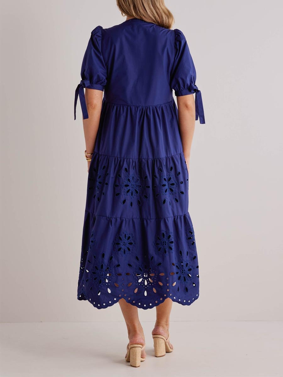 V Neck Puff Sleeve Eyelet Midi Dress