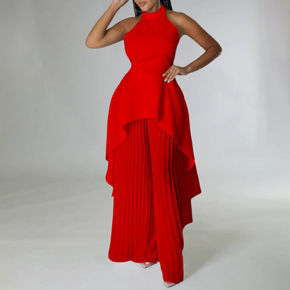 Backless Top and Pleated Wide Leg Pants Set