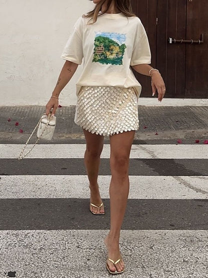 Sequined Off White Mini Skirts