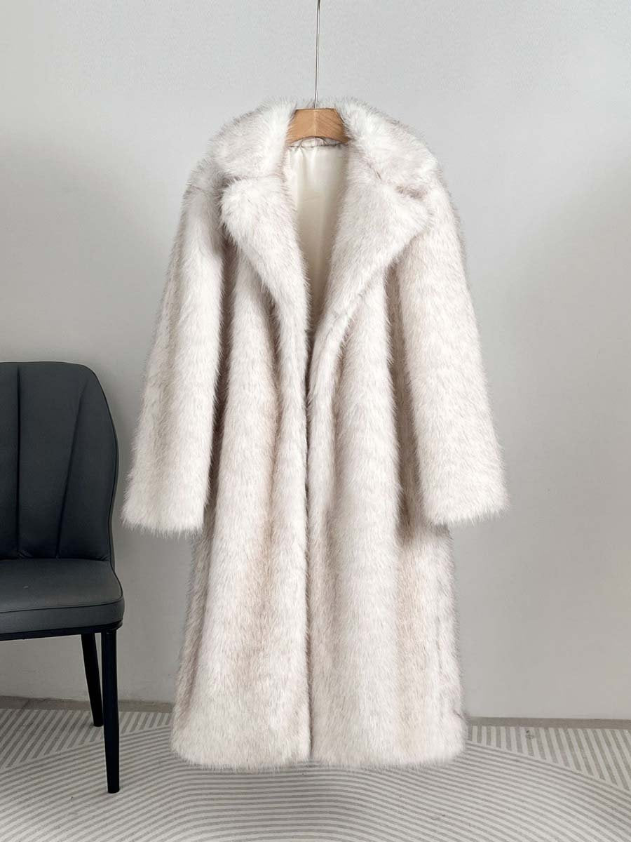 Wide Lapel Faux Fur Long Coat