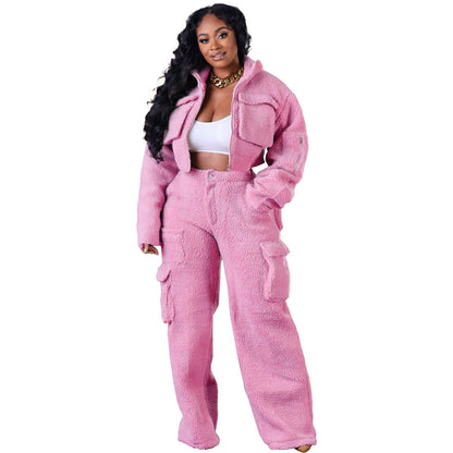 Autumn and winter wool polar fleece three-dimensional bag zipper suit