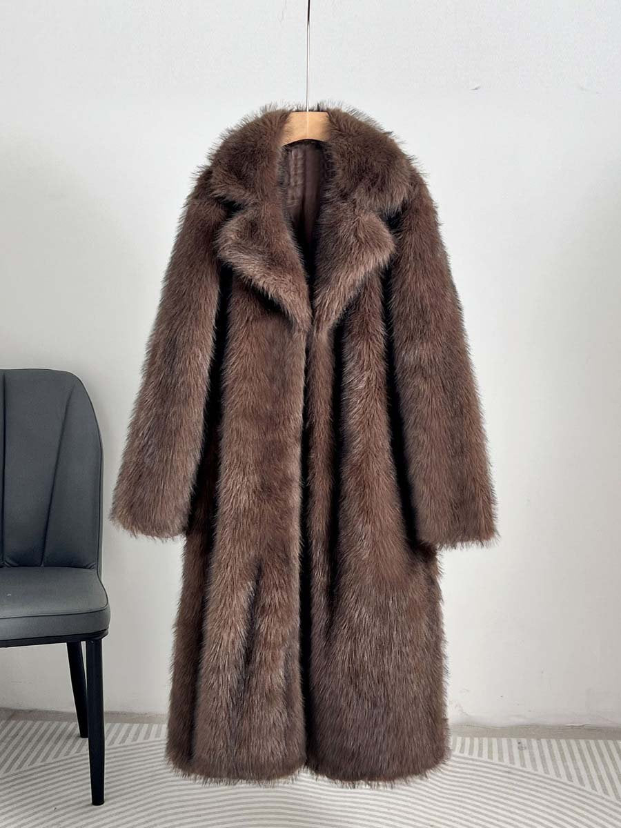 Wide Lapel Faux Fur Long Coat