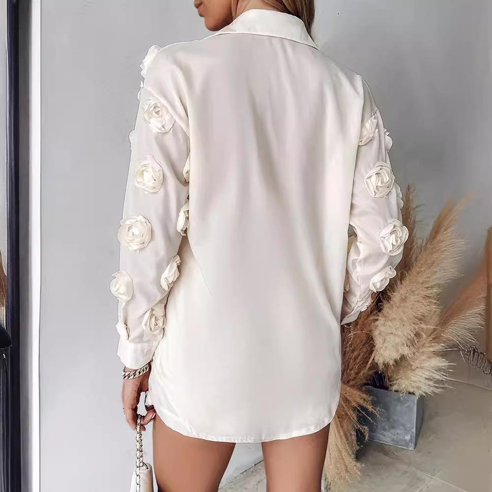 Women's solid color floral long-sleeved shirt and shorts two-piece set