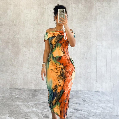 Printed one-shoulder fashion dress