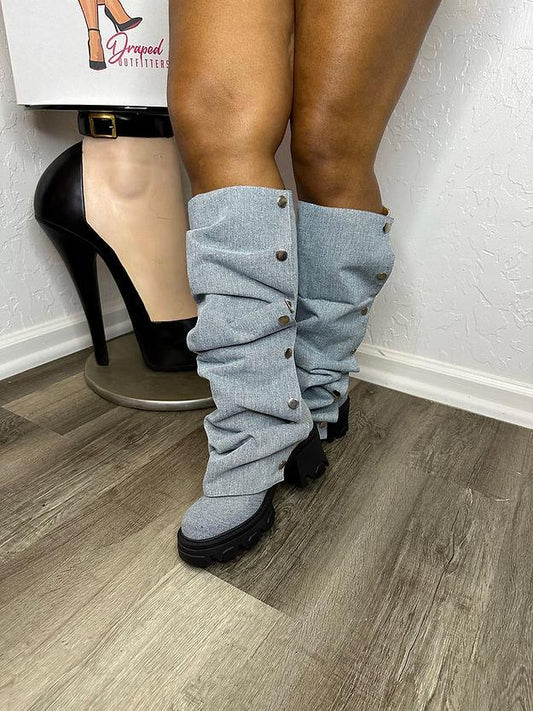 Detachable denim mid-calf boots