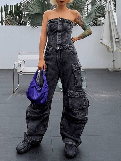 Strapless multi-pocket denim jumpsuit