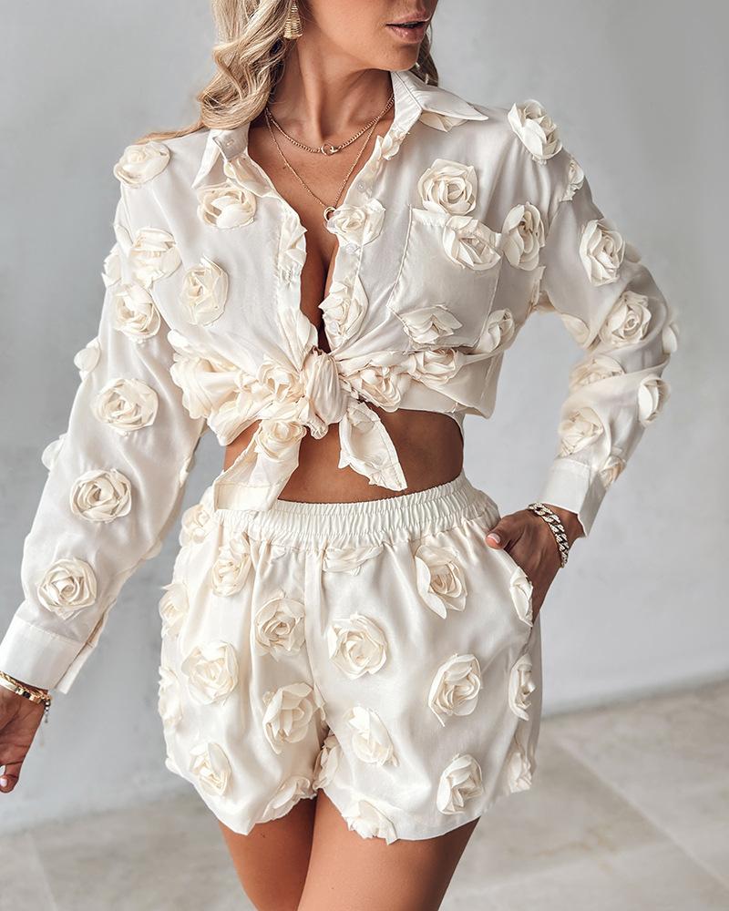 Women's solid color floral long-sleeved shirt and shorts two-piece set