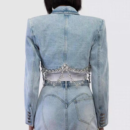 Diamond chain decorated denim jacket + hip skirt two-piece set