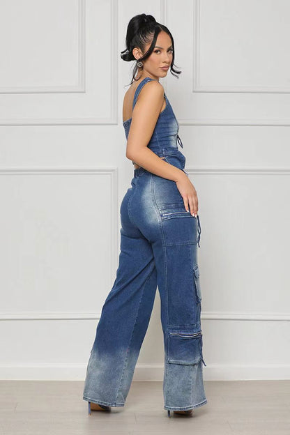 Wide leg vest denim suit