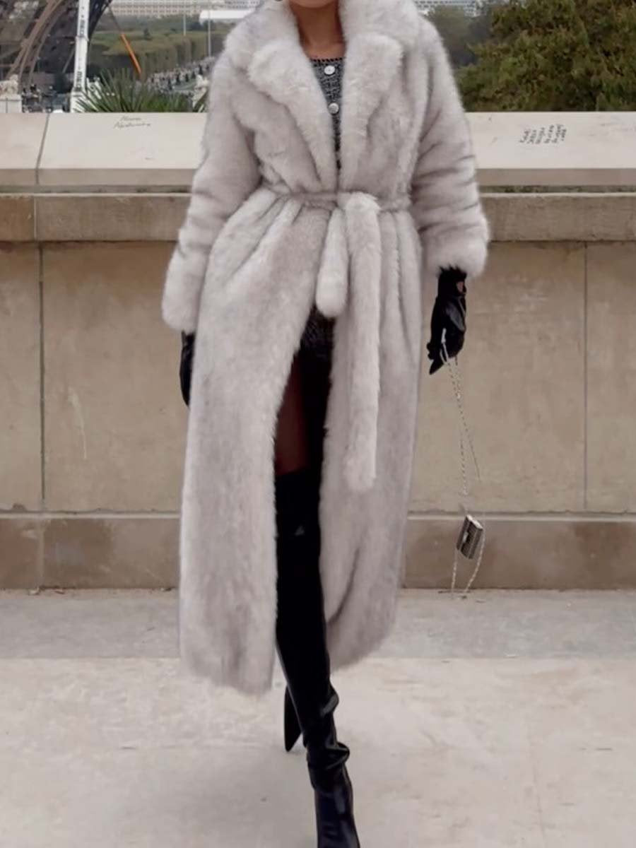 Wide Lapel Faux Fur Long Coat