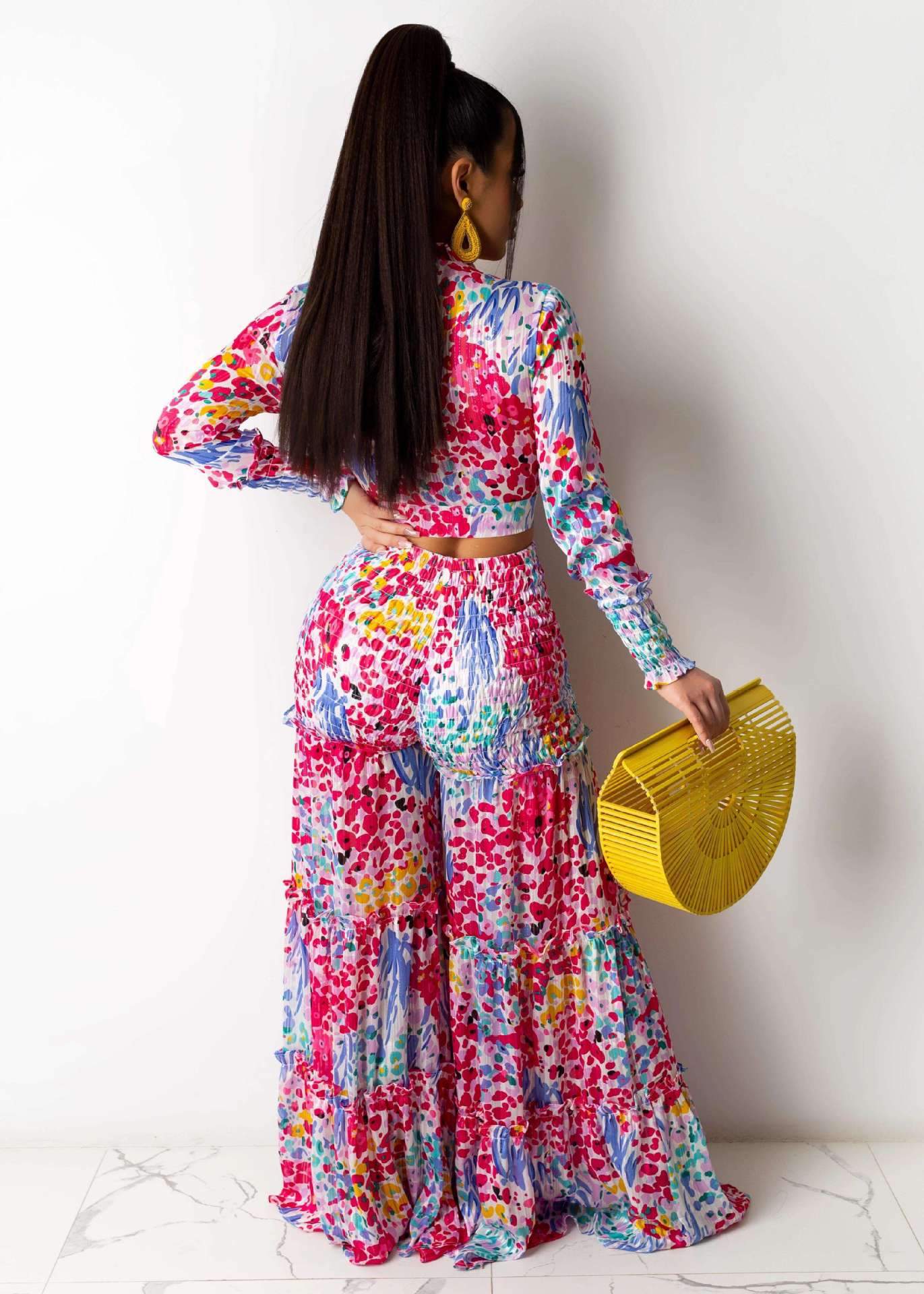 Irregular Printed Long Sleeve Wide Leg Suit