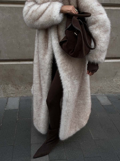 Wide Lapel Faux Fur Long Coat