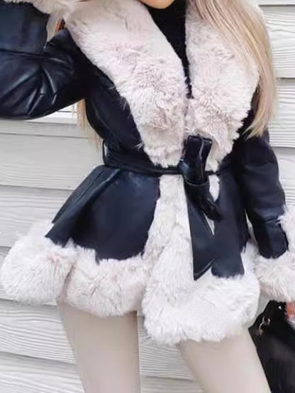 Faux Fur Trim Peplum Belted Coat