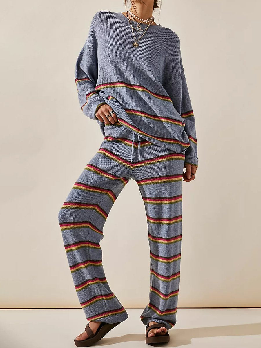 Round Neck Long Sleeve Striped Sweater Two-Piece Set