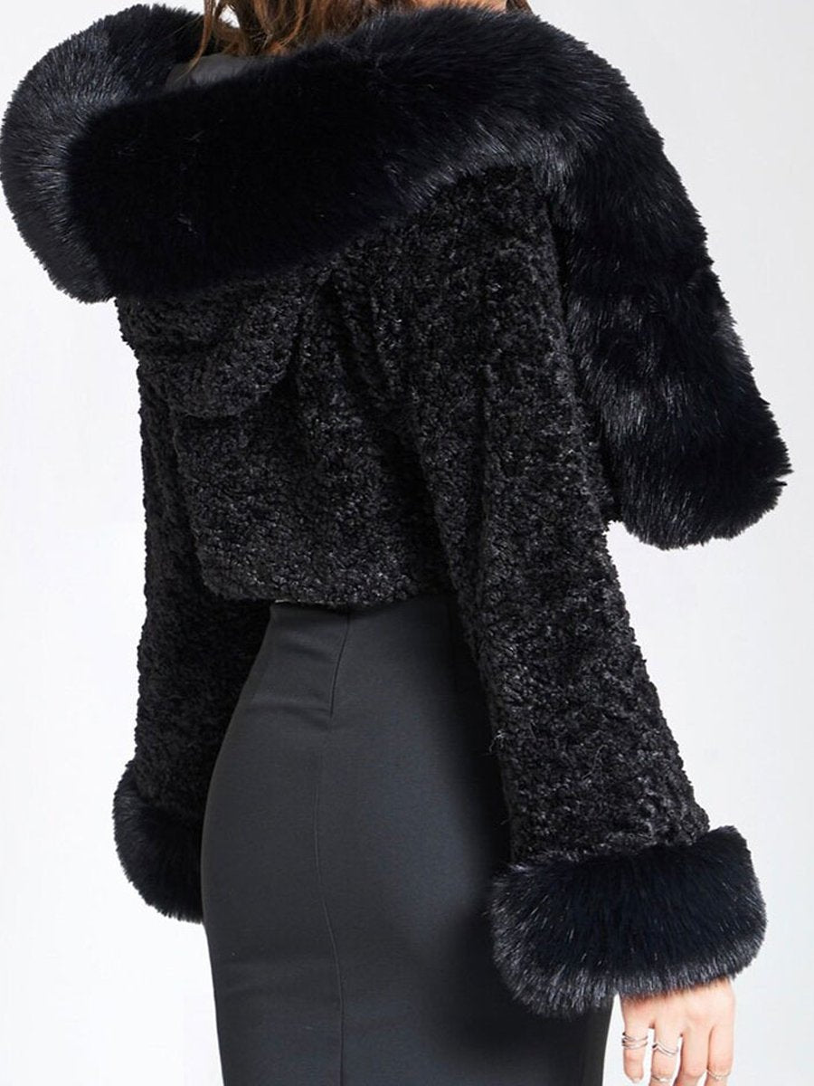 Hooded Collar Cropped Faux Fur Jacket