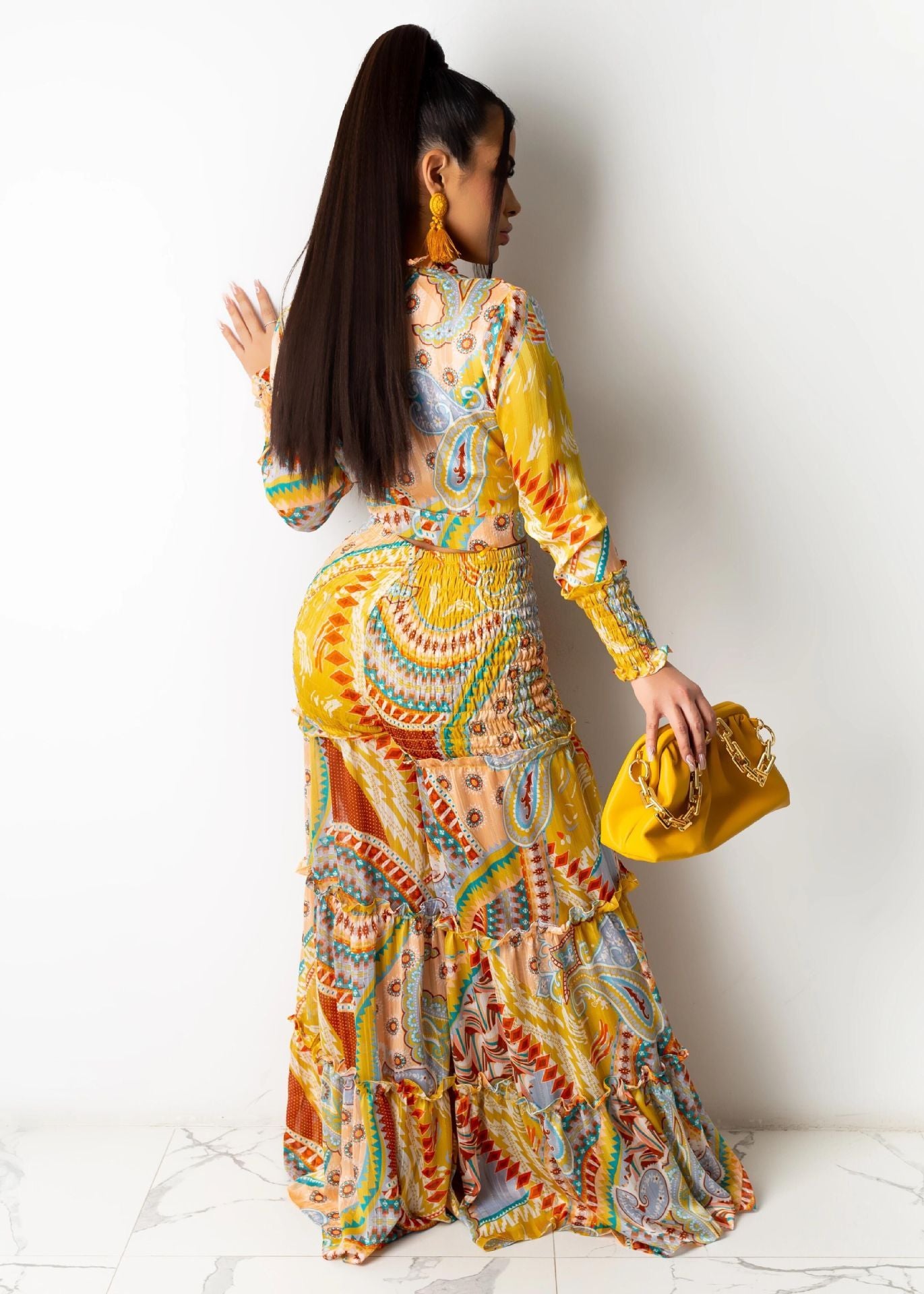 Irregular Printed Long Sleeve Wide Leg Suit