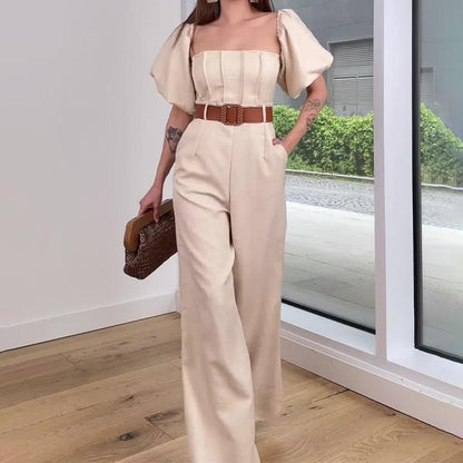 Off-the-shoulder puff sleeve high waist slim-fit jumpsuit