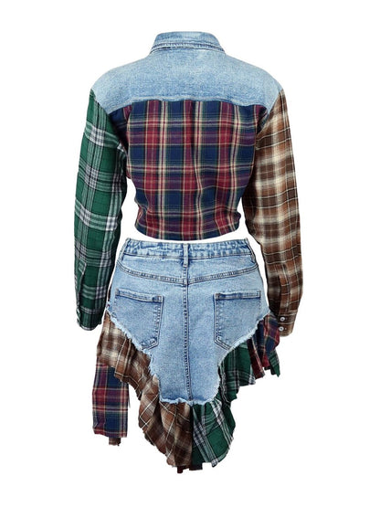 Irregular Denim Contrast Plaid Jacket & Skirt Set