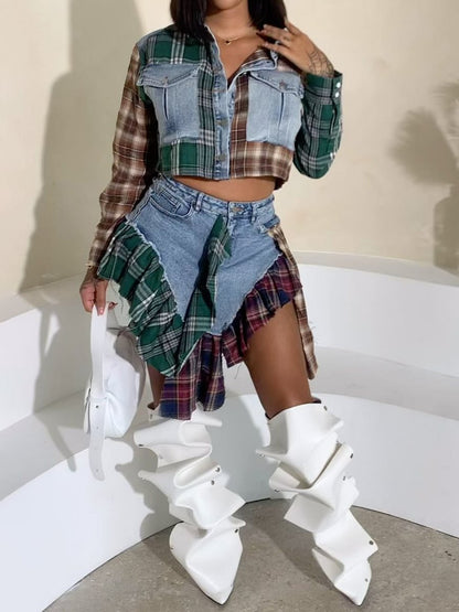 Irregular Denim Contrast Plaid Jacket & Skirt Set