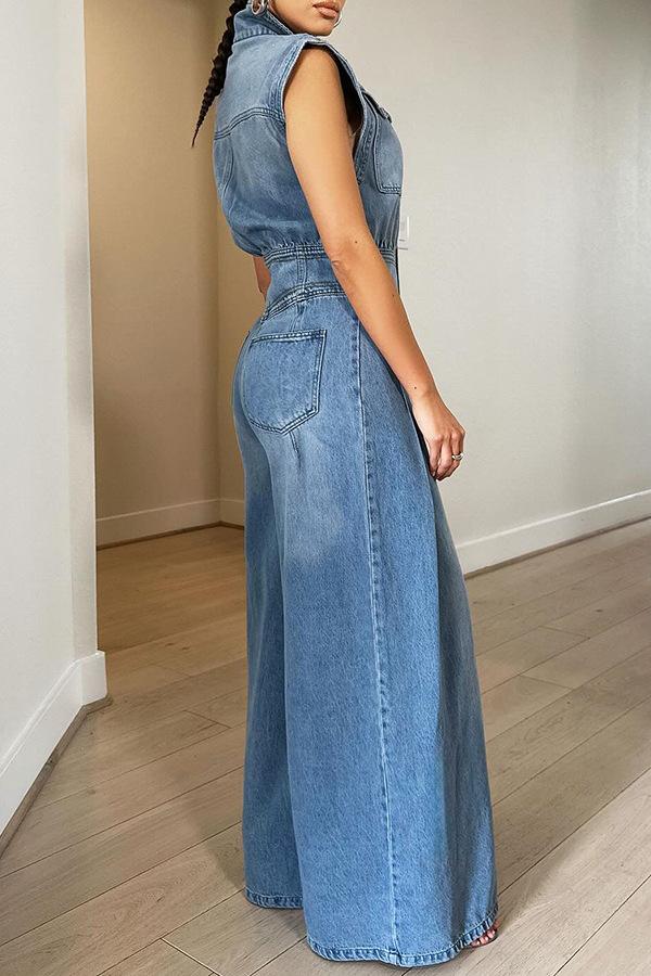 Chic Washed Denim Wide-Leg Jumpsuit【Free Shipping】