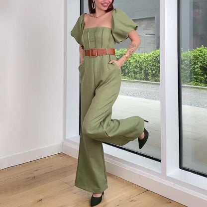 Off-the-shoulder puff sleeve high waist slim-fit jumpsuit