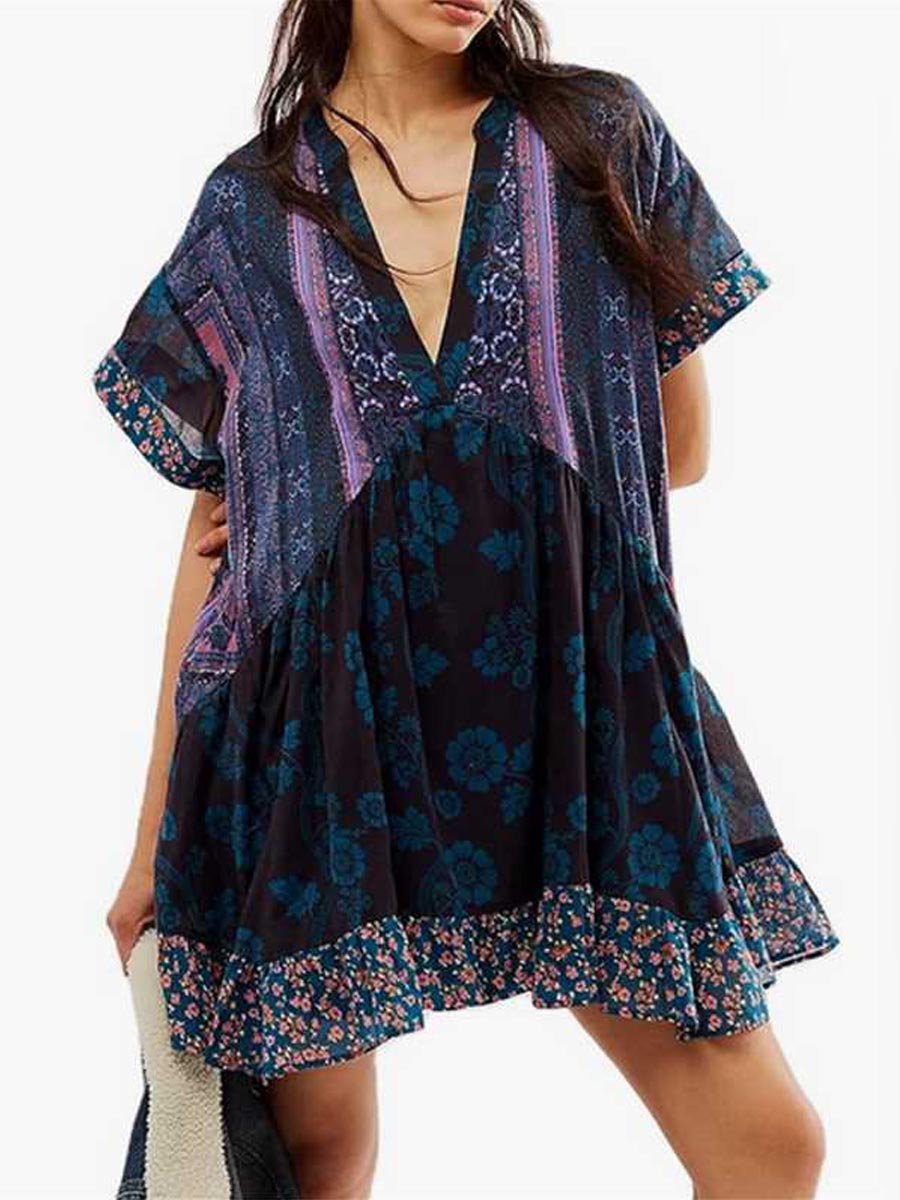 Bohemian Printed Short Sleeve Pocket V Neck Dress