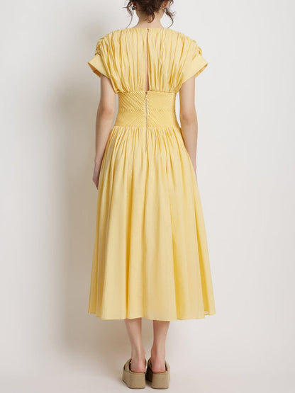 Round Neck Solid Pleated Dress