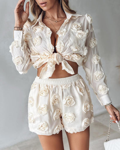 Women's solid color floral long-sleeved shirt and shorts two-piece set