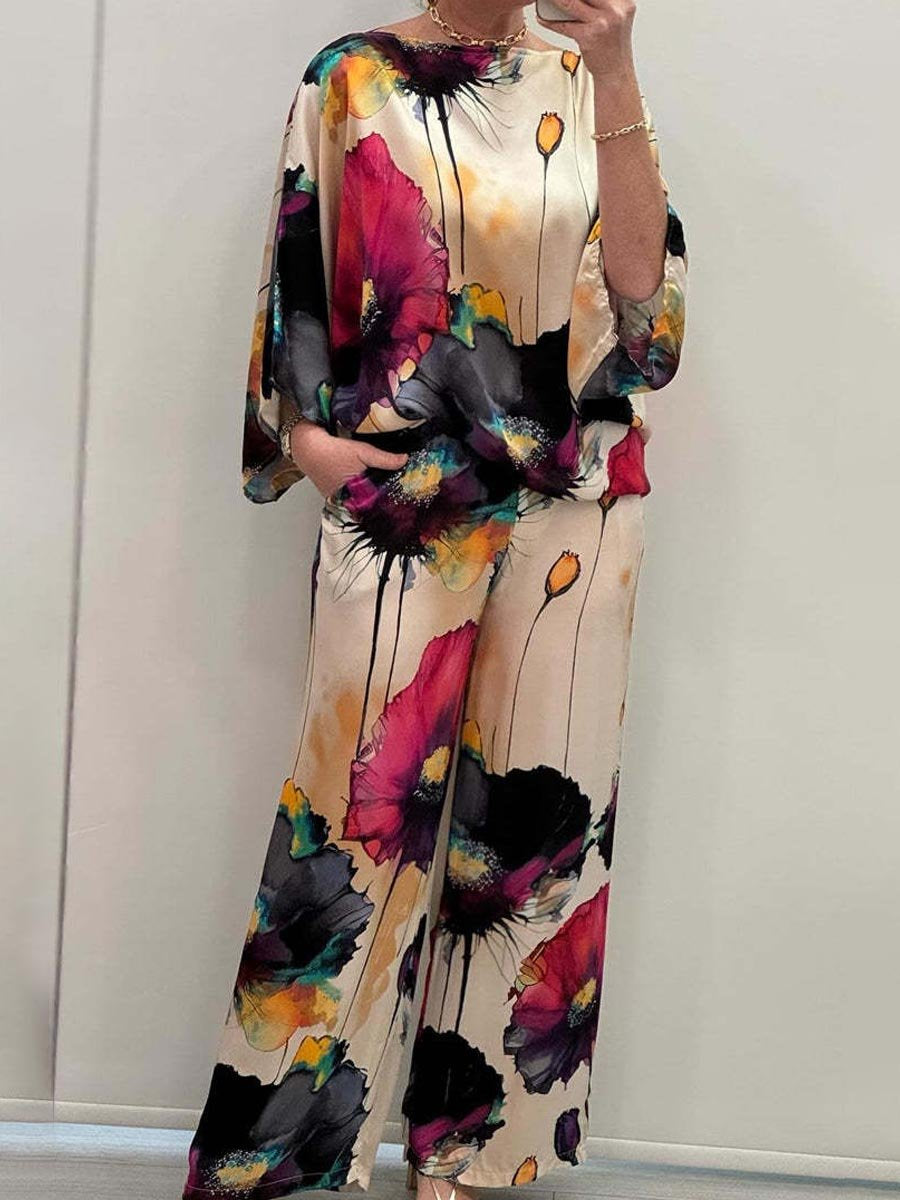 Elegant Satin Loose Printed Batwing Sleeve Suit(Buy 2 Free Shipping✔️)