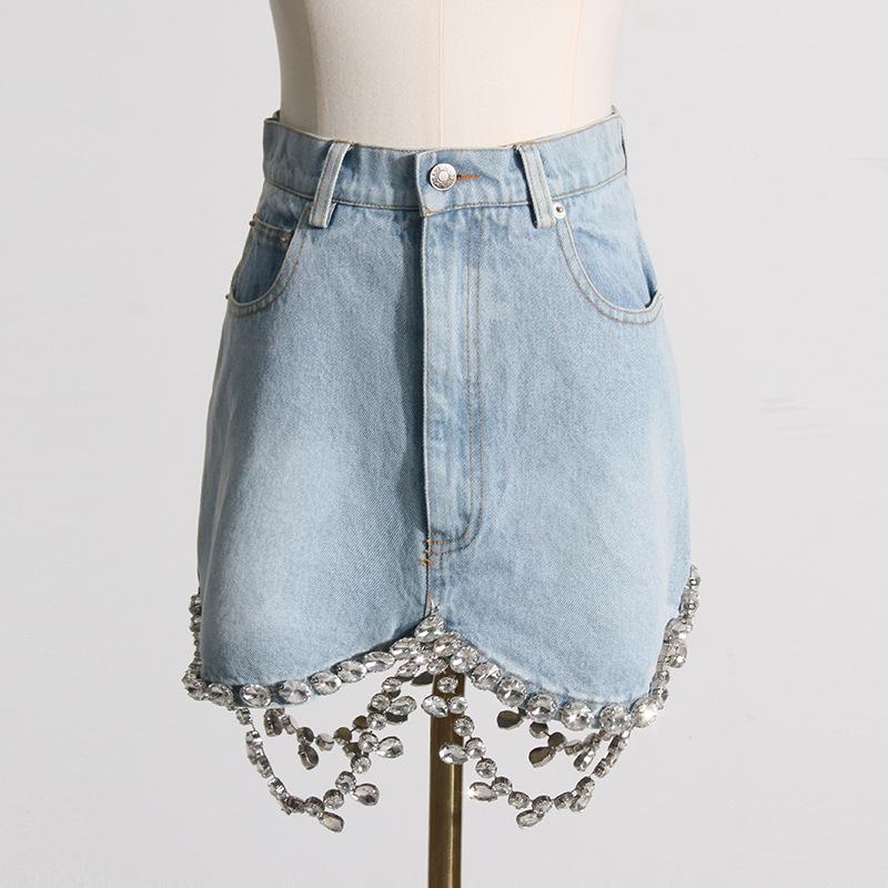 Diamond chain decorated denim jacket + hip skirt two-piece set