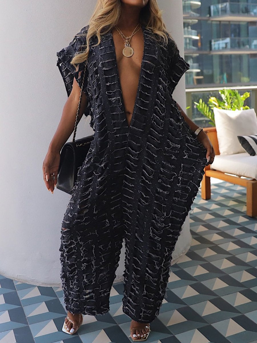 Loose Denim Sexy Deep VNeck Ripped Wide-leg Jumpsuit