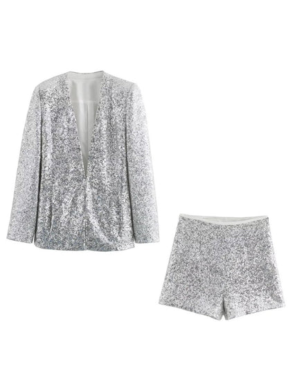 Fashion Long Sleeve Sequin Blazer & Shorts