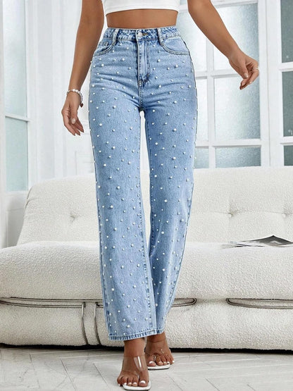 Women's High Waist Straight Leg Casual Denim Pearl Pants