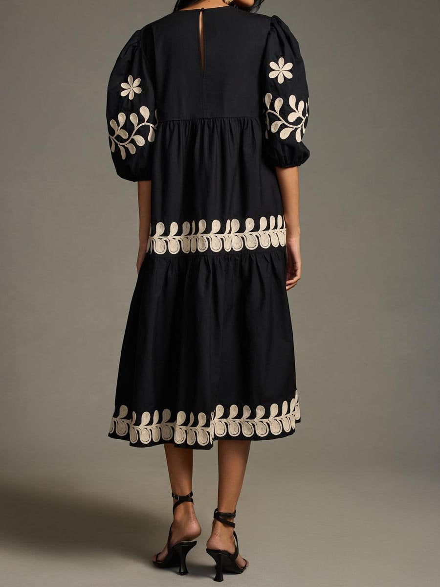 Embroidered Puff Sleeve Midi Dress